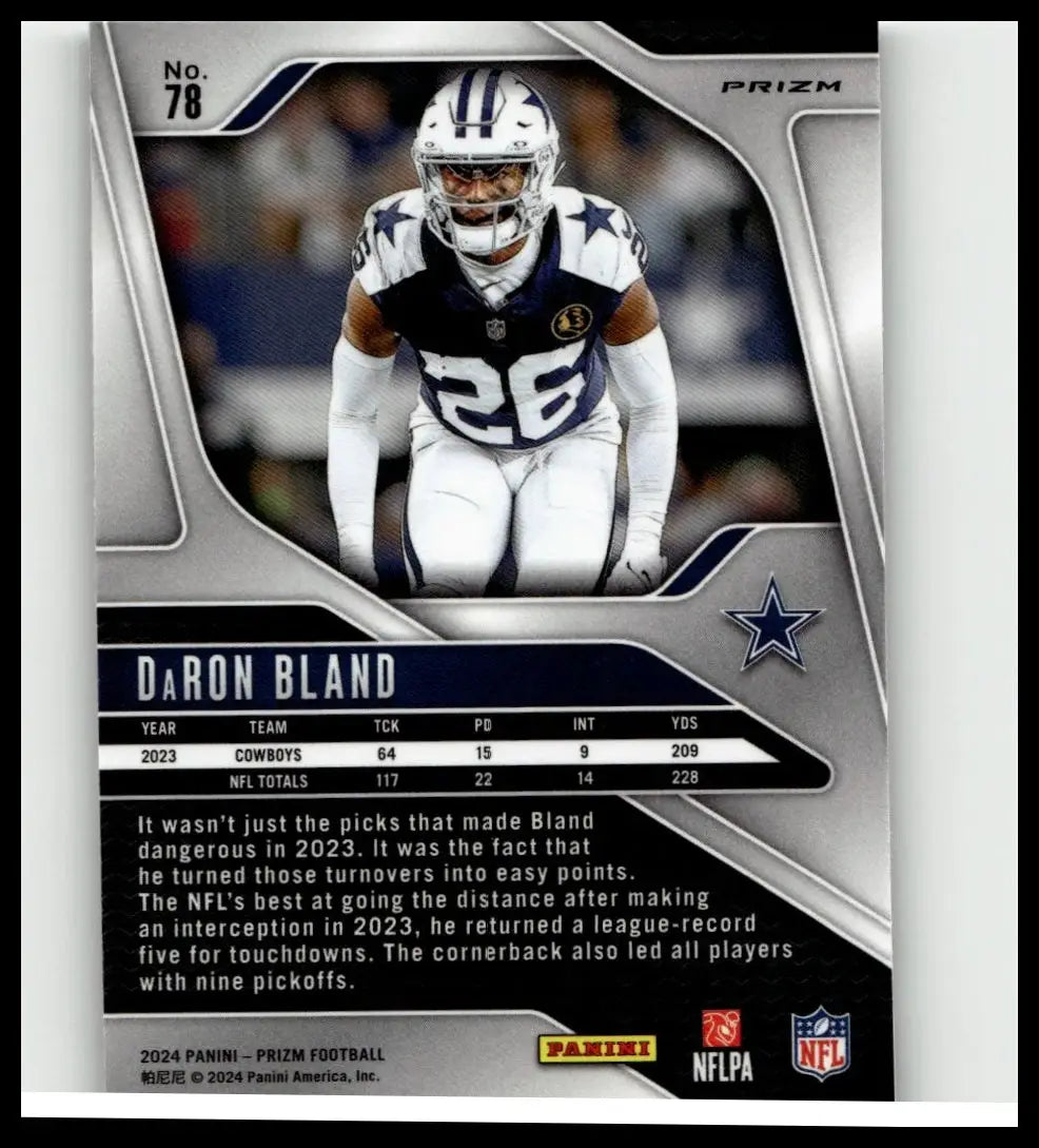 Silver and navy blue panini prizm football trading card featuring daron bland in dallas cowboys uniform 2024