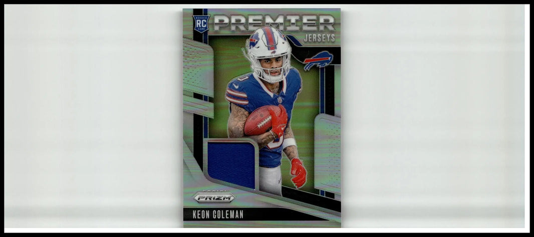 Blue and white keon coleman premier jersey card in action from 2024 panini prizm coleman premier jerseys series