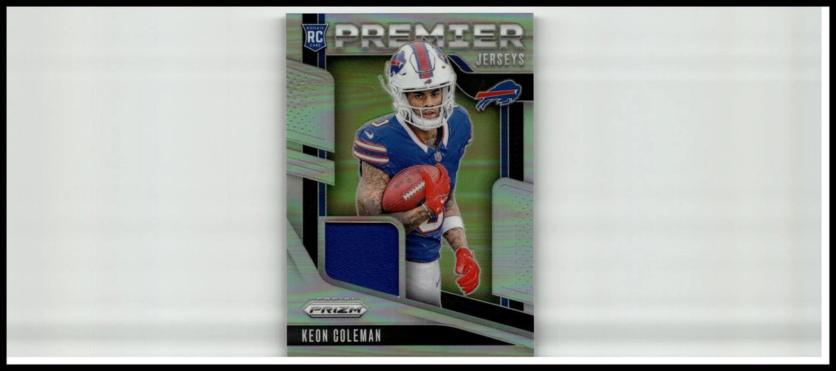 Blue and white keon coleman premier jersey card in action from 2024 panini prizm coleman premier jerseys series