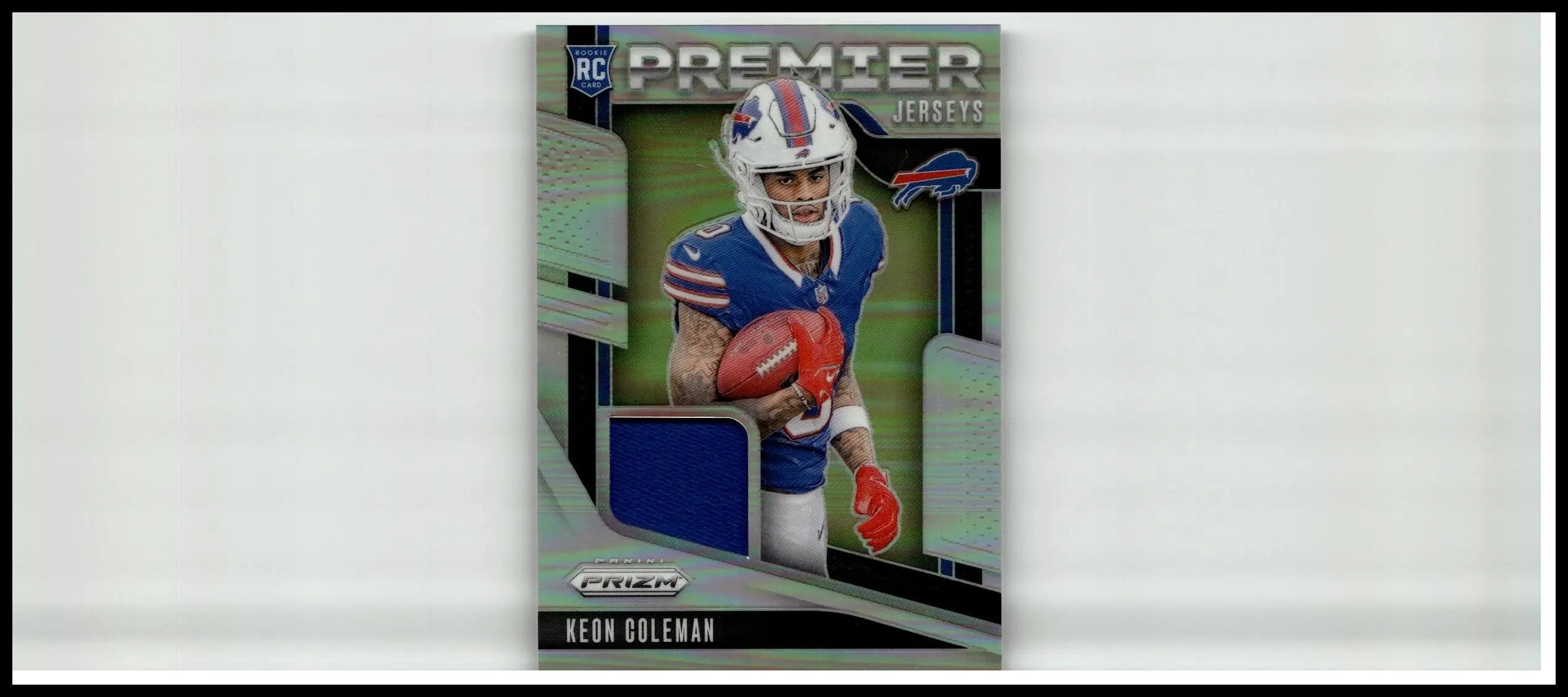 Blue and white keon coleman premier jersey card in action from 2024 panini prizm coleman premier jerseys series