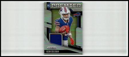 Blue and white keon coleman premier jersey card in action from 2024 panini prizm coleman premier jerseys series