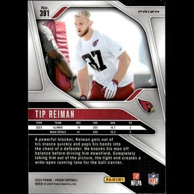 This is a silver and black football trading card featuring tip reiman in his red arizona cardinals jersey with the number 37.