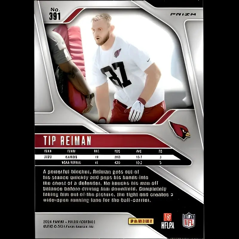 This is a silver and black football trading card featuring tip reiman in his red arizona cardinals jersey with the number 37.