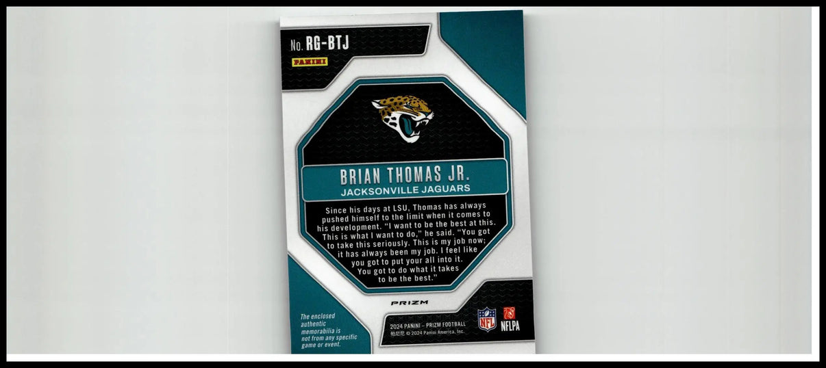 Teal and black hexagonal panini prizm rookie gear football trading card featuring brian thomas jr and jaguars logo