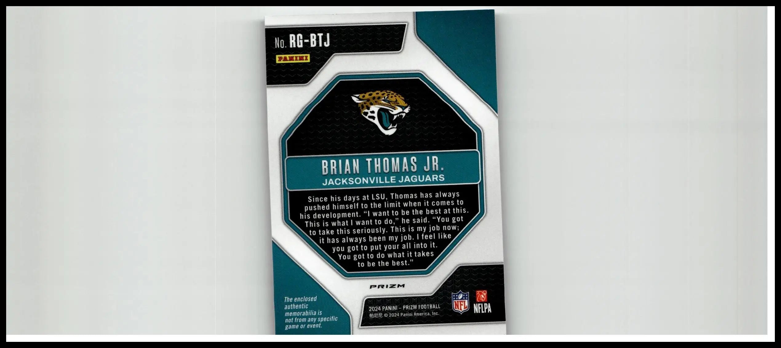 Teal and black hexagonal panini prizm rookie gear football trading card featuring brian thomas jr and jaguars logo