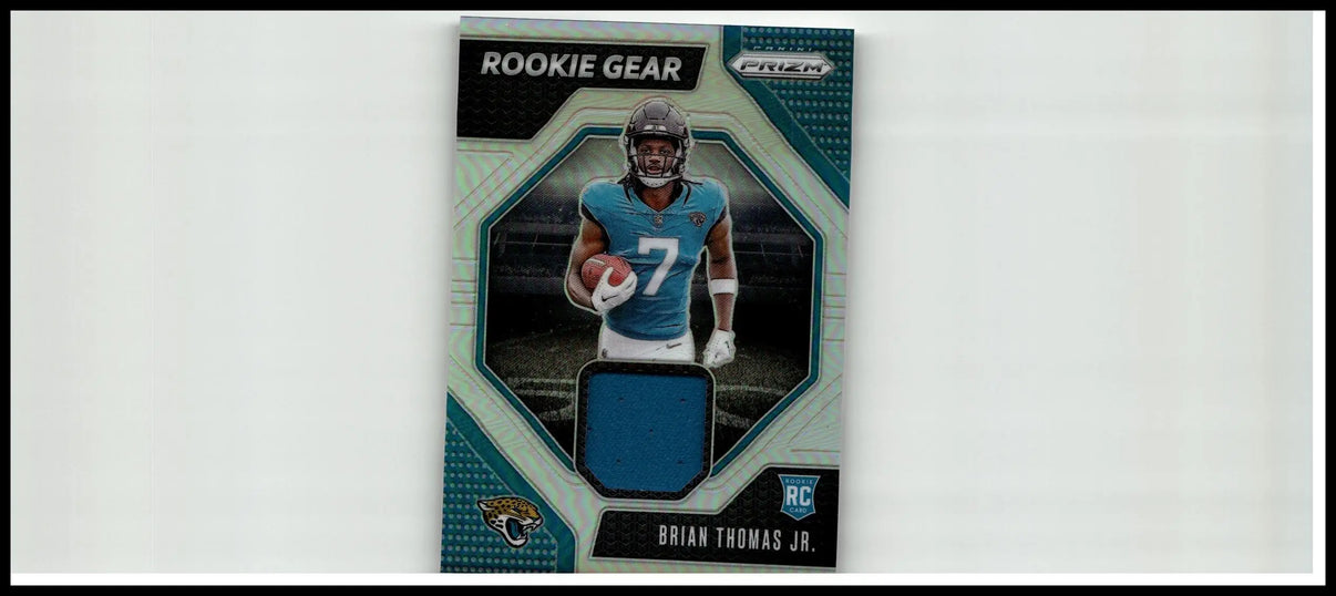 This teal and black Panini Prizm rookie gear trading card features Brian Thomas Jr from 2024 series