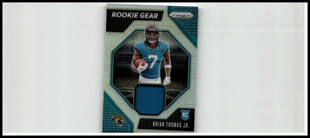 This teal and black Panini Prizm rookie gear trading card features Brian Thomas Jr from 2024 series