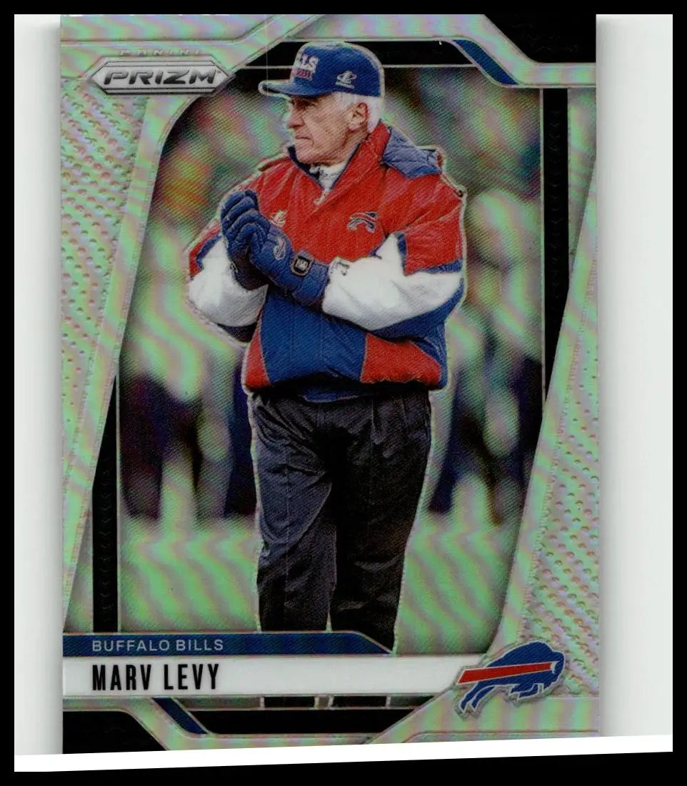 2024 panini prizm silver #34 marv levy trading card featuring red white and blue jacket with buffalo bills logo