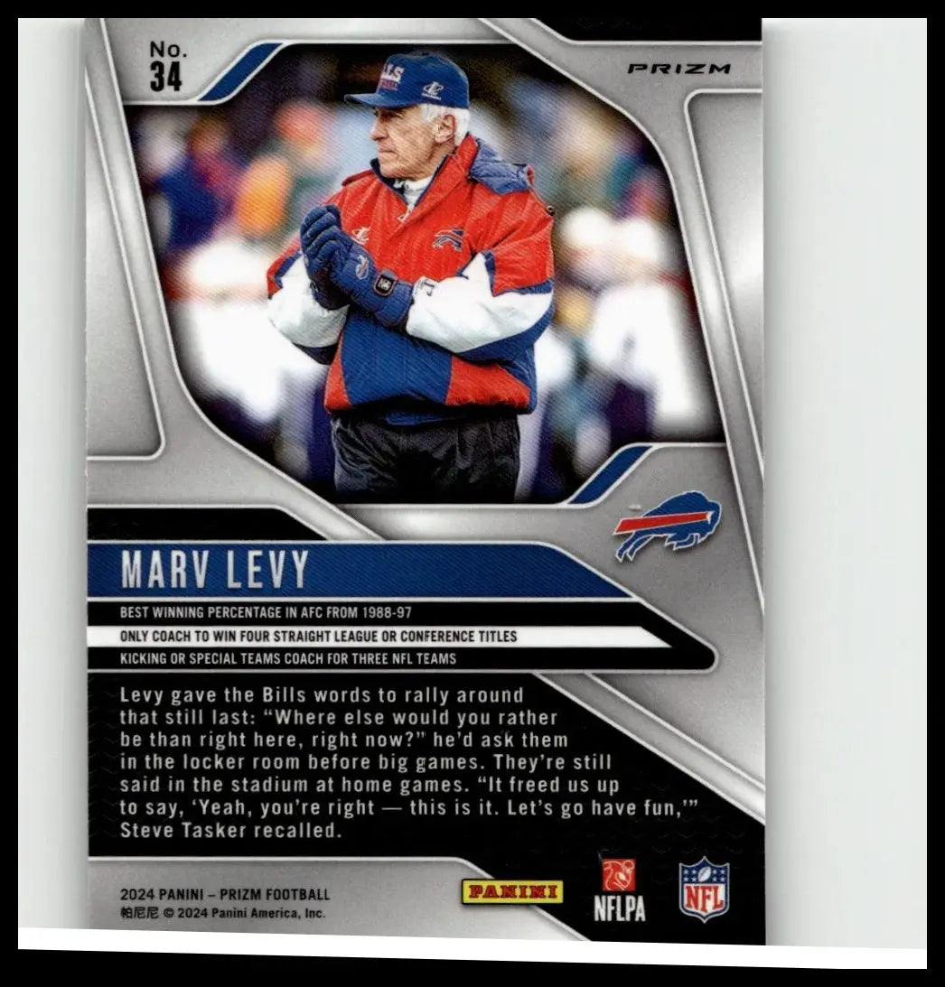 2024 panini prizm silver football card featuring marv levy in red white and blue buffalo bills jacket