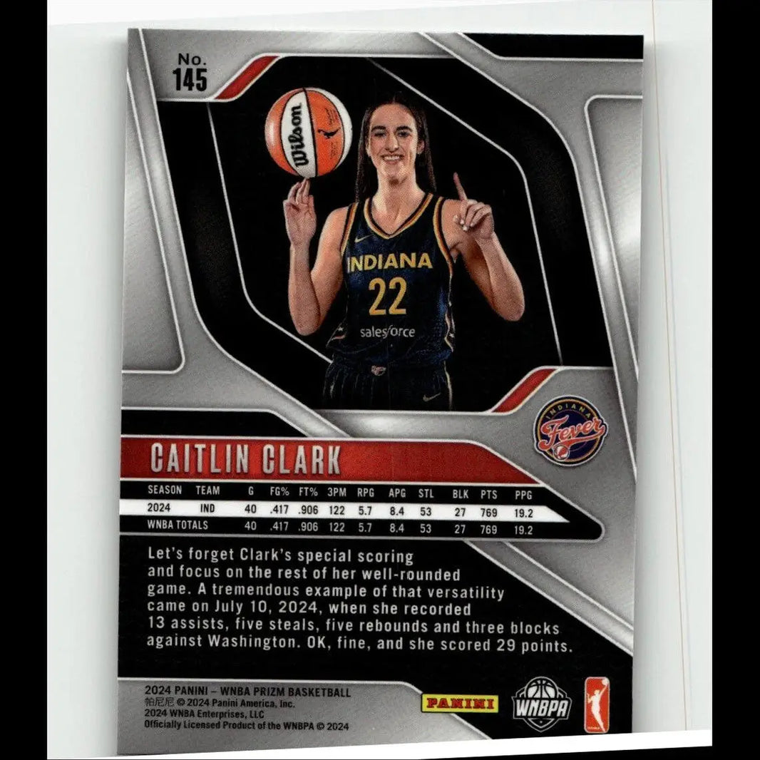 2024 panini prizm wnba trading card of caitlin clark in black and gold indiana fever jersey holding an orange wilson basketball