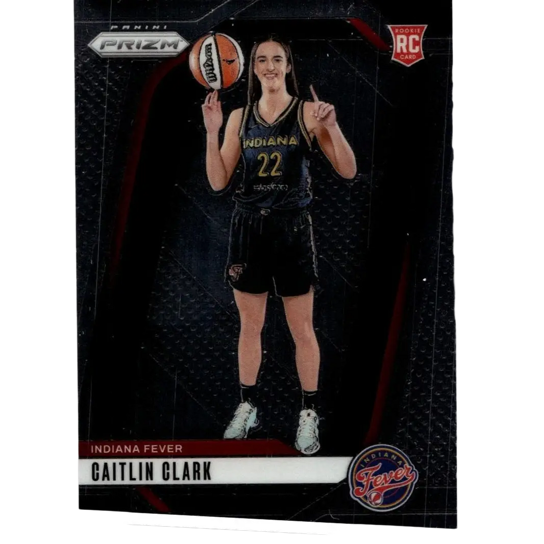 2024 panini prizm wnba rookie card of caitlin clark in black indiana fever jersey holding basketball number 22