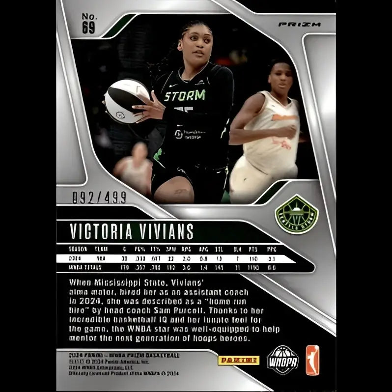 Black and white panini prizm wnba trading card featuring victoria vivians pulsar in green storm jersey holding ball