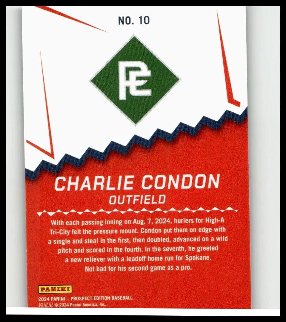 Red and white baseball trading card of charlie condon outfielder for high-a tri-city in 2024 panini prospect edition ping