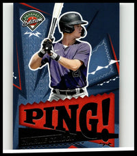Purple baseball jersey with number 21 worn by player in batting stance featured in 2024 Panini Prospect Edition Charlie Condon Ping