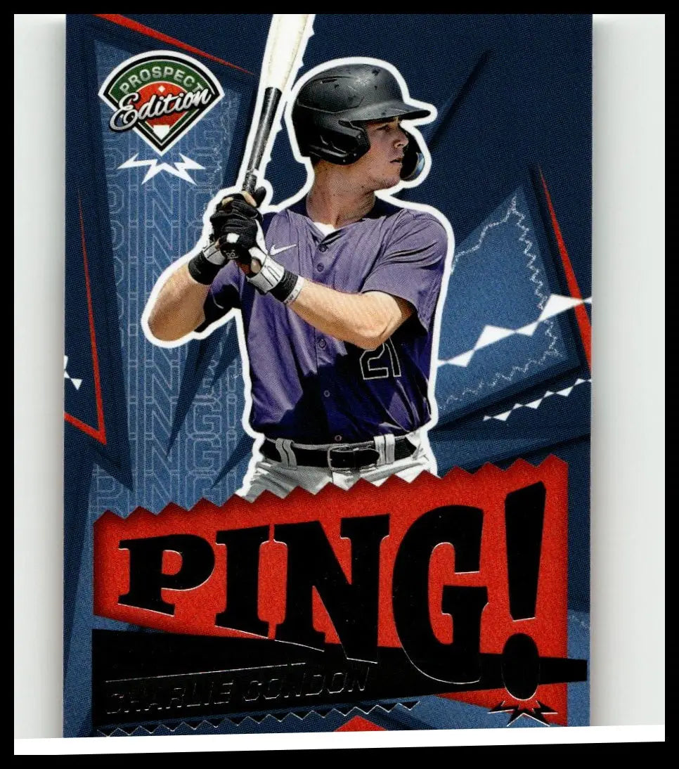Purple baseball jersey with number 21 worn by player in batting stance featured in 2024 Panini Prospect Edition Charlie Condon Ping