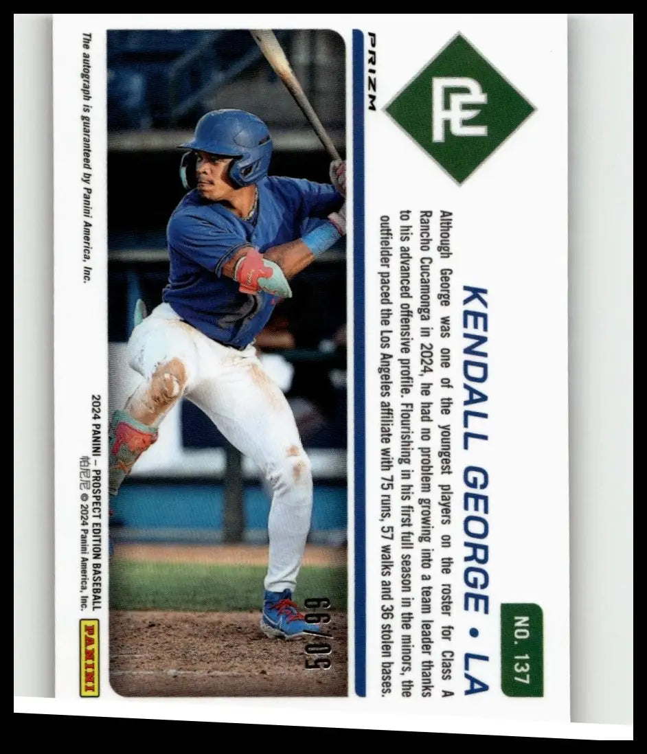 Blue helmeted kendall george in blue jersey and white pants mid-swing on 2024 panini prospect edition card
