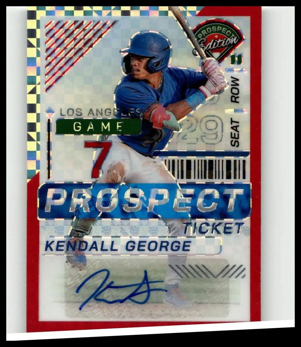 Blue helmeted kendall george baseball player in blue jersey holding bat from 2024 panini prospect edition red power signatures holo