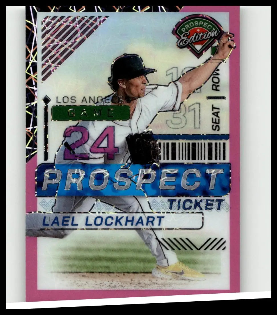 A 2024 panini prospect edition baseball card featuring lael lockhart in white uniform with pink velocity holo design