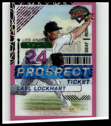 A 2024 panini prospect edition baseball card featuring lael lockhart in white uniform with pink velocity holo design