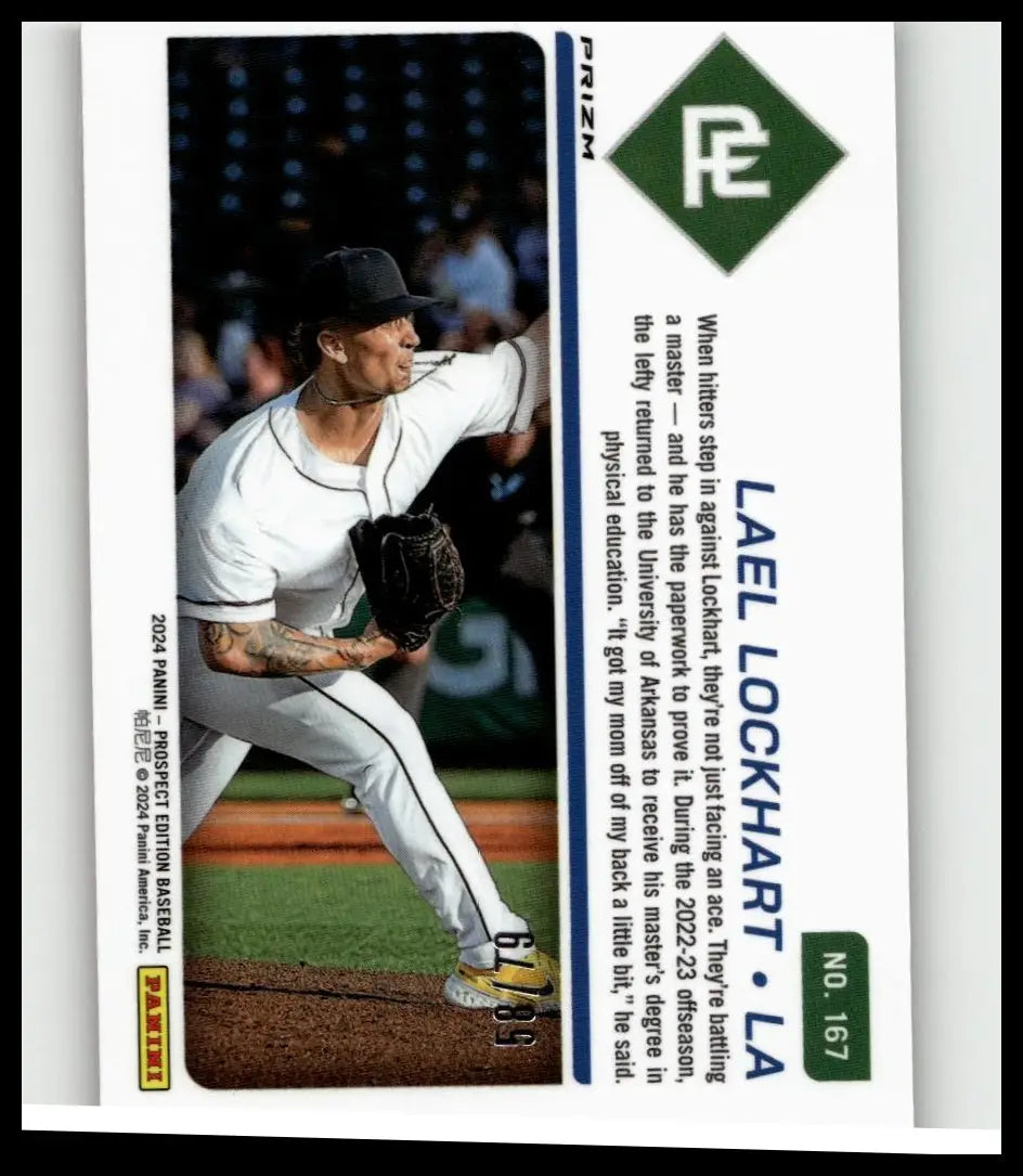 2024 Panini prospect edition baseball card featuring Lael Lockhart in white uniform mid-pitch pink velocity holo