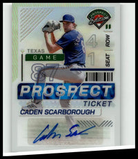Blue and white baseball ticket card featuring caden scarborough from 2024 panini prospect edition signatures holo