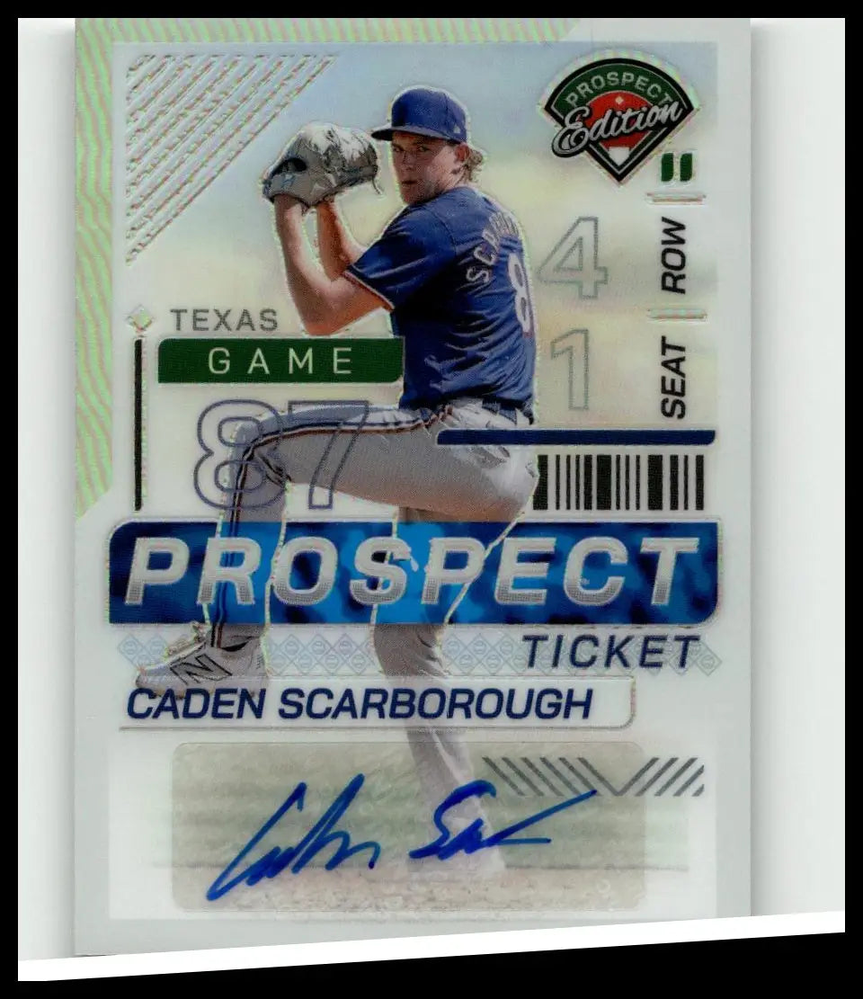 Blue and white baseball ticket card featuring caden scarborough from 2024 panini prospect edition signatures holo