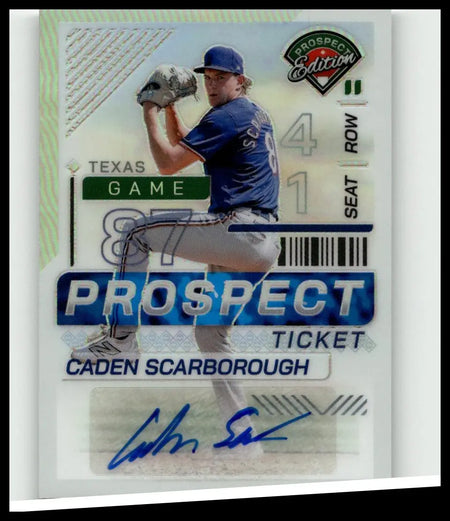 Blue and white baseball ticket card featuring caden scarborough from 2024 panini prospect edition signatures holo