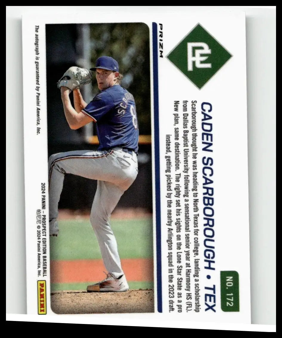 Blue and white 2024 panini prospect edition baseball card featuring caden scarborough signatures holo of texas player