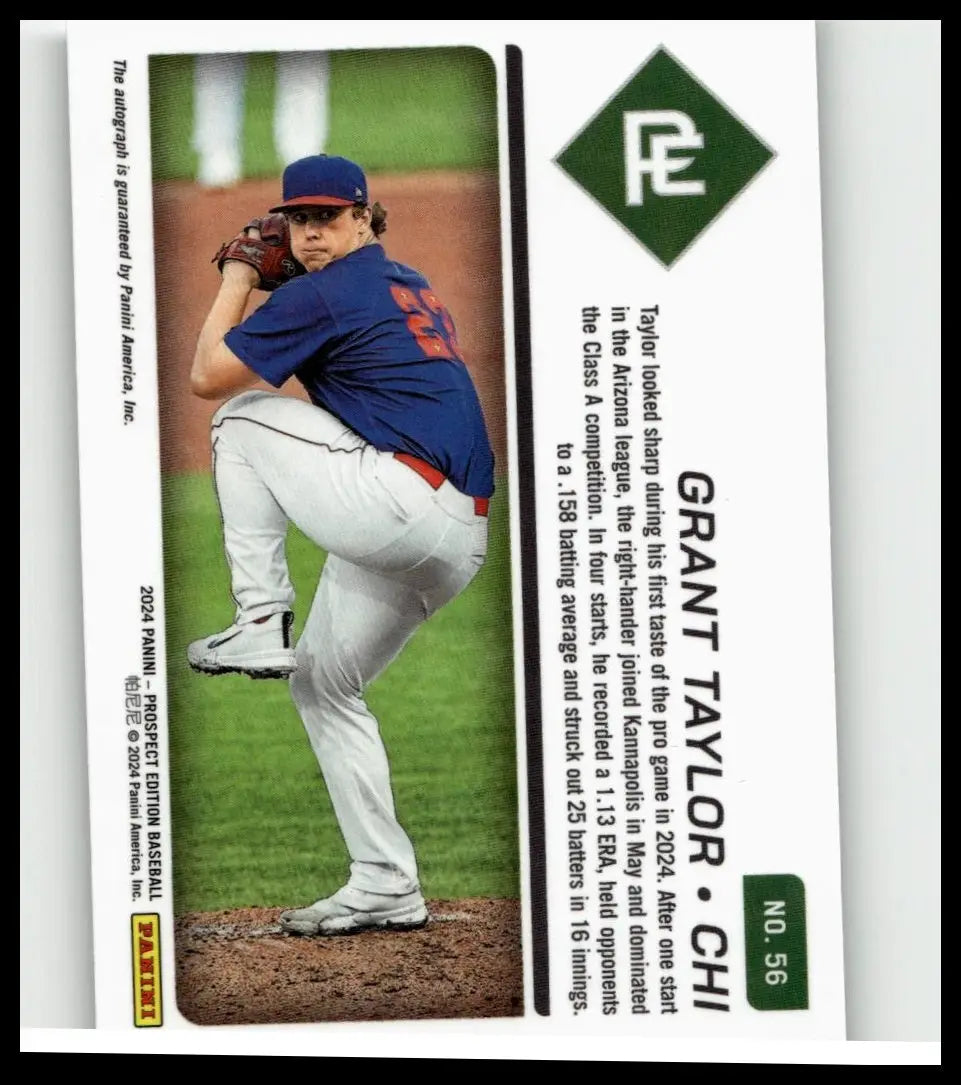 Grant taylor panini prospect edition baseball card #56 featuring player in blue jersey mid-pitch with silver signatures