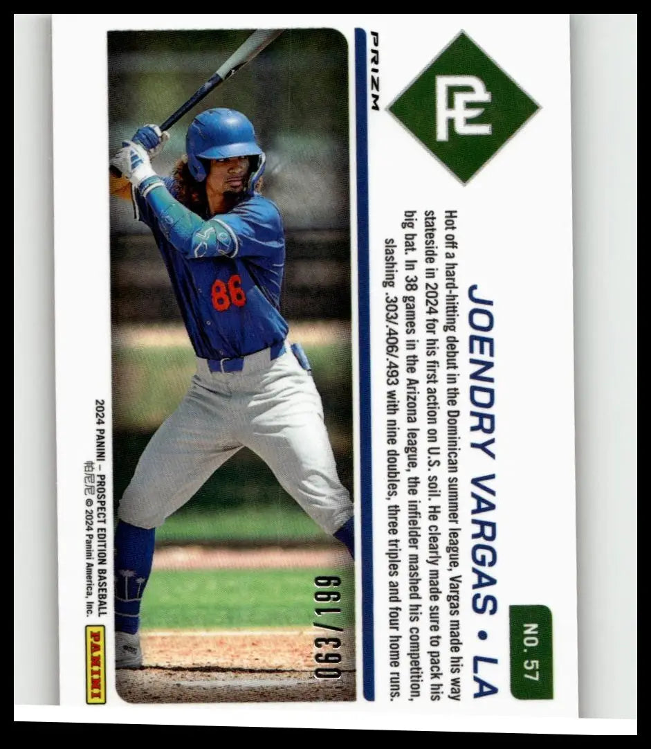 Blue and white panini prospect edition baseball trading card featuring joendry vargas batting stance red holo