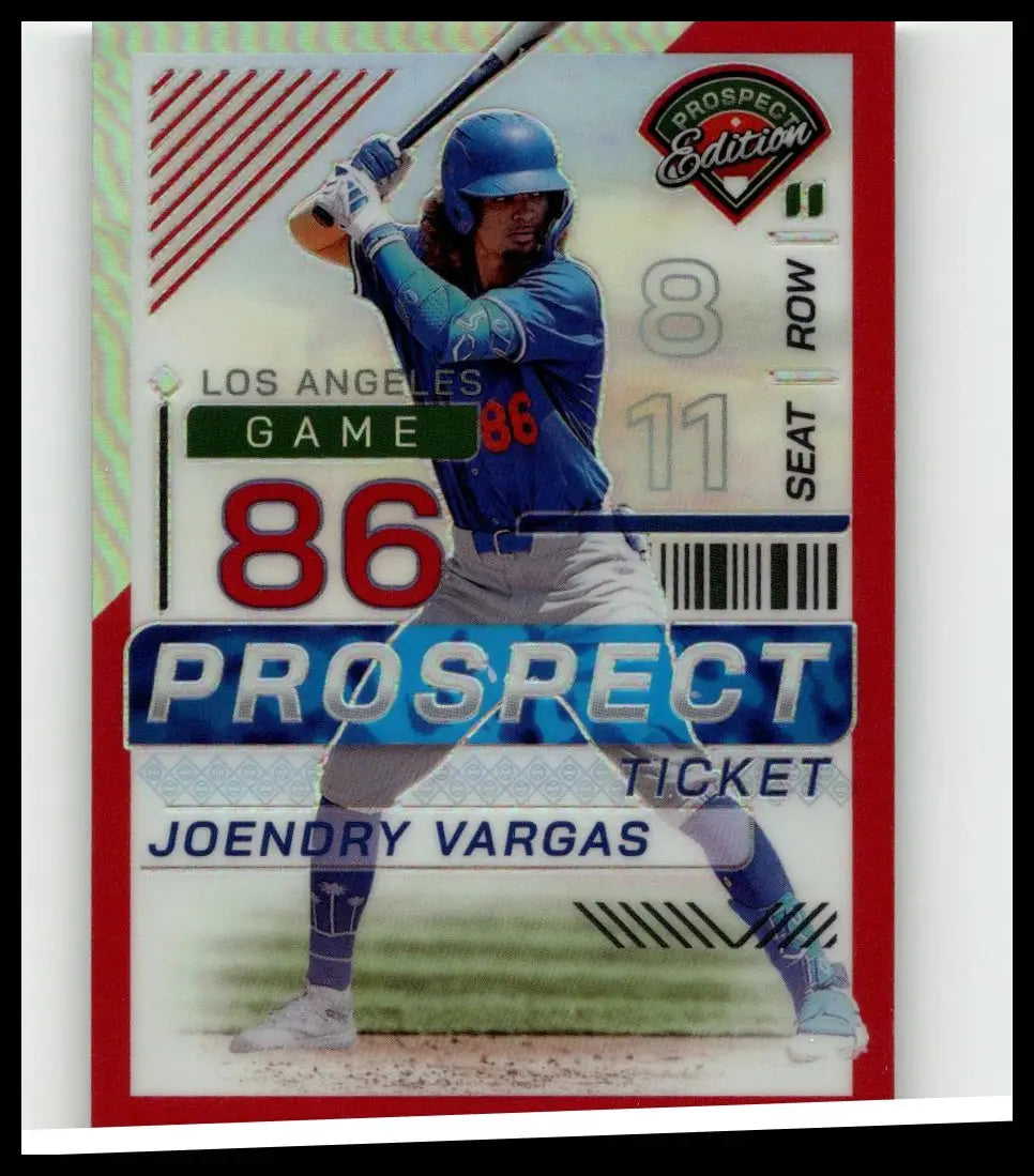 Blue los angeles dodgers joendry vargas panini prospect edition baseball card with red holo ticket design numbered 199