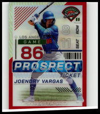 Blue los angeles dodgers joendry vargas panini prospect edition baseball card with red holo ticket design numbered 199