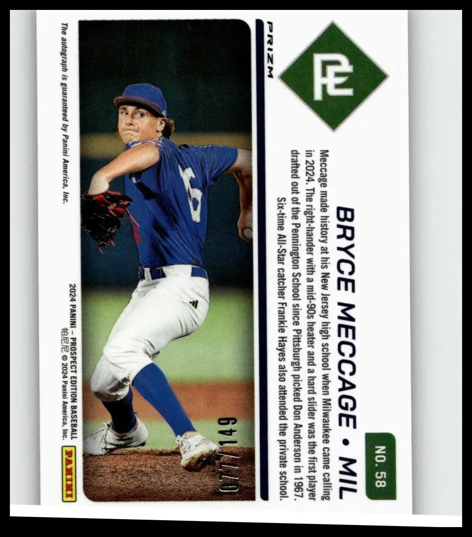 Blue and white 2024 panini prospect edition baseball card featuring bryce meccage in blue jersey number 16