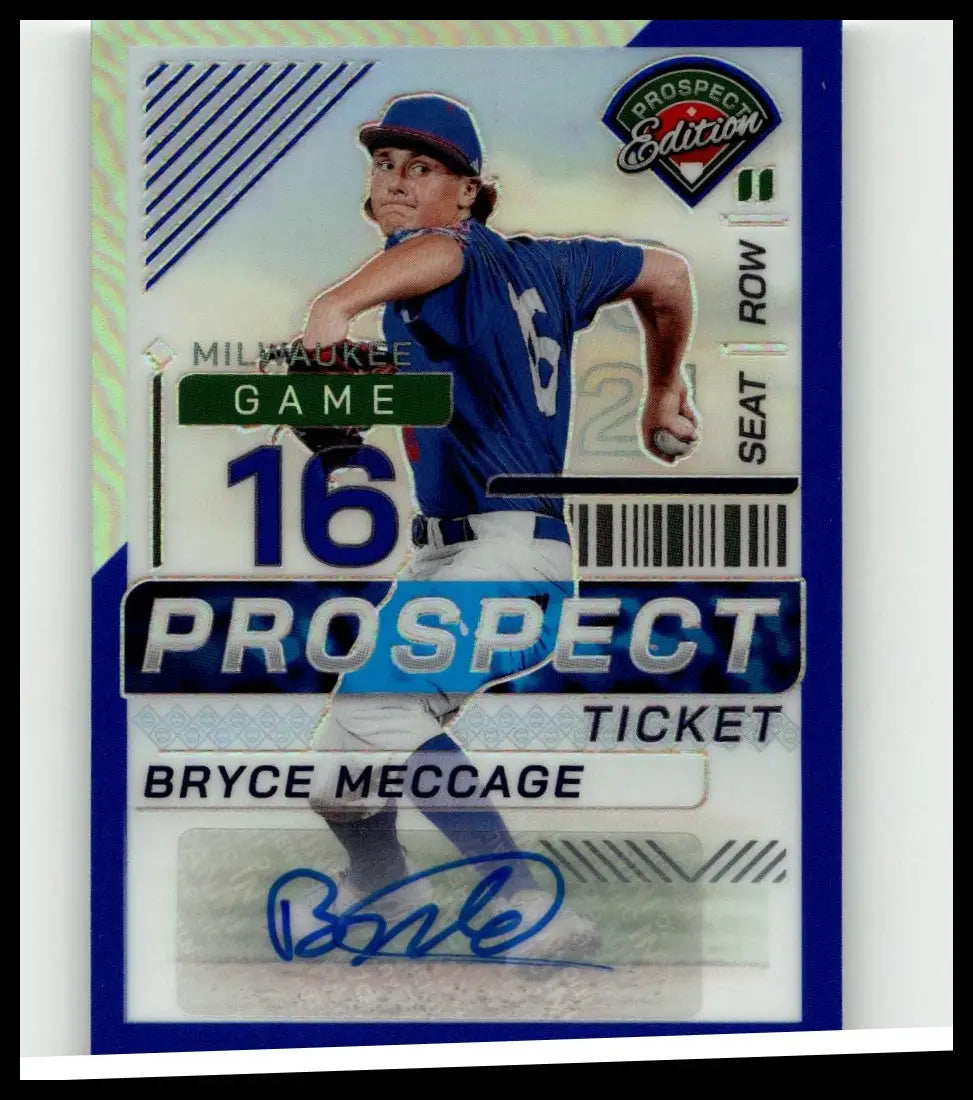 Blue and white panini prospect edition baseball card of bryce meccage with holographic accents and autograph numbered 58/149