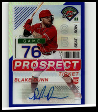 A red and white panini prospect edition baseball card featuring blake dunn in cincinnati reds uniform with autograph