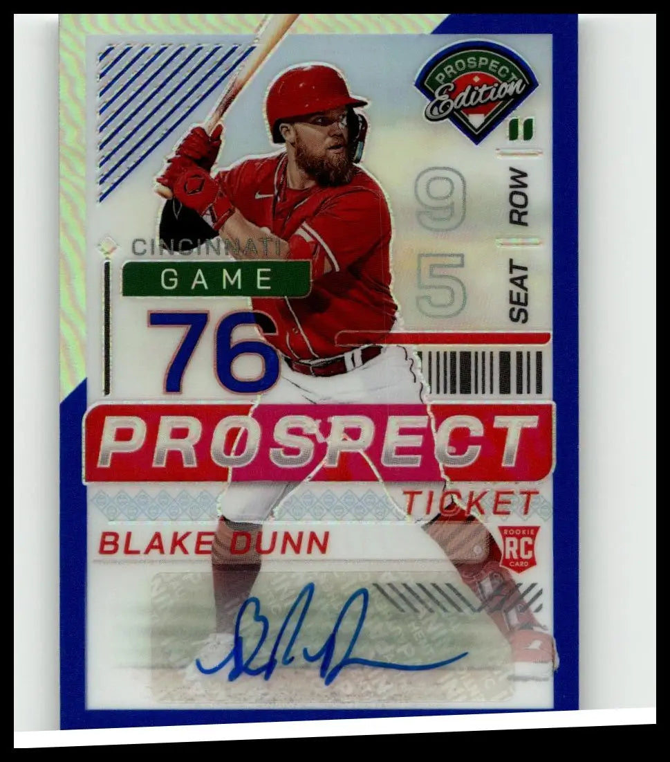 A red and white panini prospect edition baseball card featuring blake dunn in cincinnati reds uniform with autograph