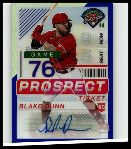 A red and white panini prospect edition baseball card featuring blake dunn in cincinnati reds uniform with autograph
