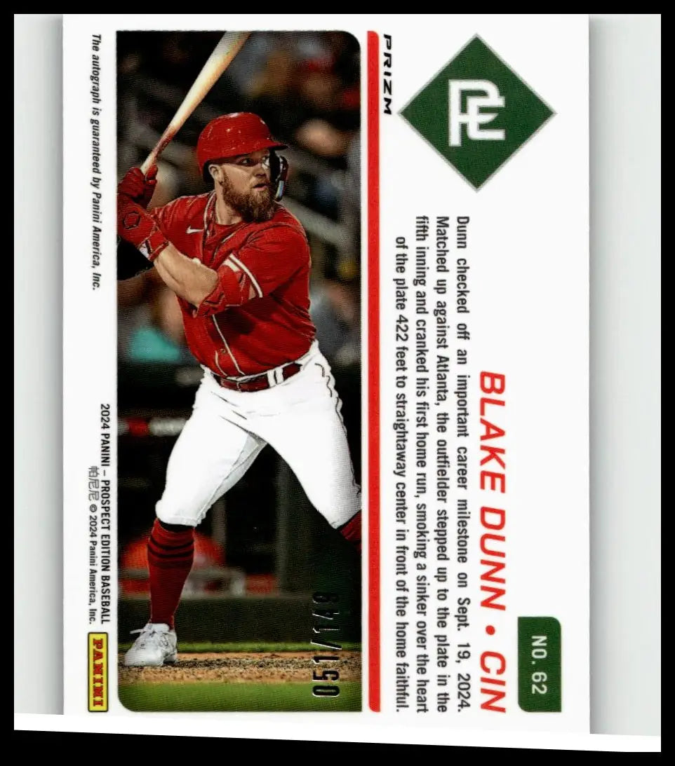 Red and white 2024 panini prospect edition #62 blake dunn signatures holo baseball card featuring blake dunn in uniform holding a bat