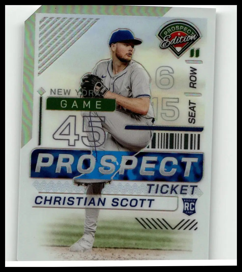 Silver and blue panini prospect edition baseball card featuring christian scott holo in new york uniform with ticket design
