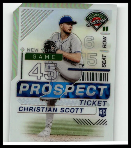 Silver and blue panini prospect edition baseball card featuring christian scott holo in new york uniform with ticket design