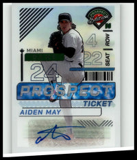 2024 panini prospect edition aiden may silver signatures card with player in white uniform on blue and silver background