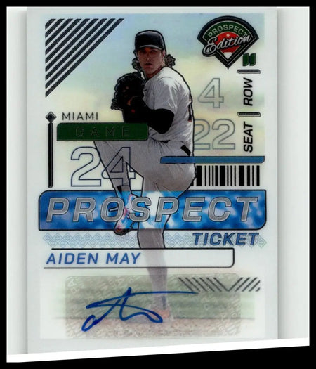 2024 panini prospect edition aiden may silver signatures card with player in white uniform on blue and silver background