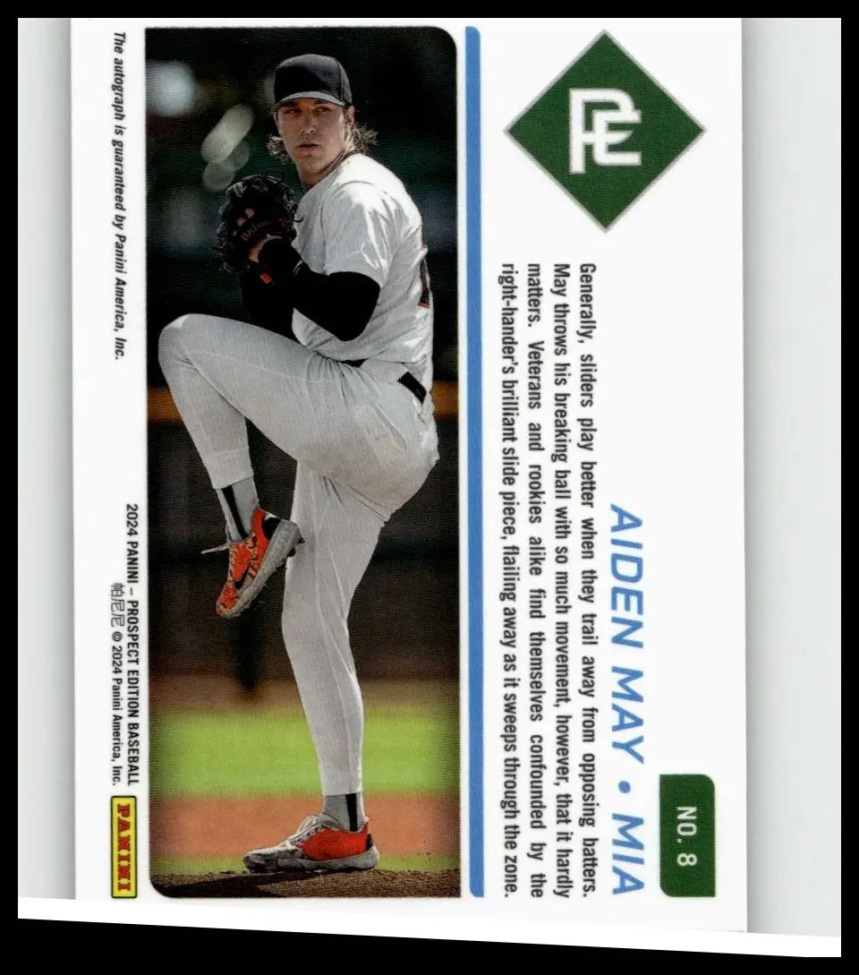 2024 panini prospect edition baseball card featuring aiden may in white uniform with black sleeves mid-pitch