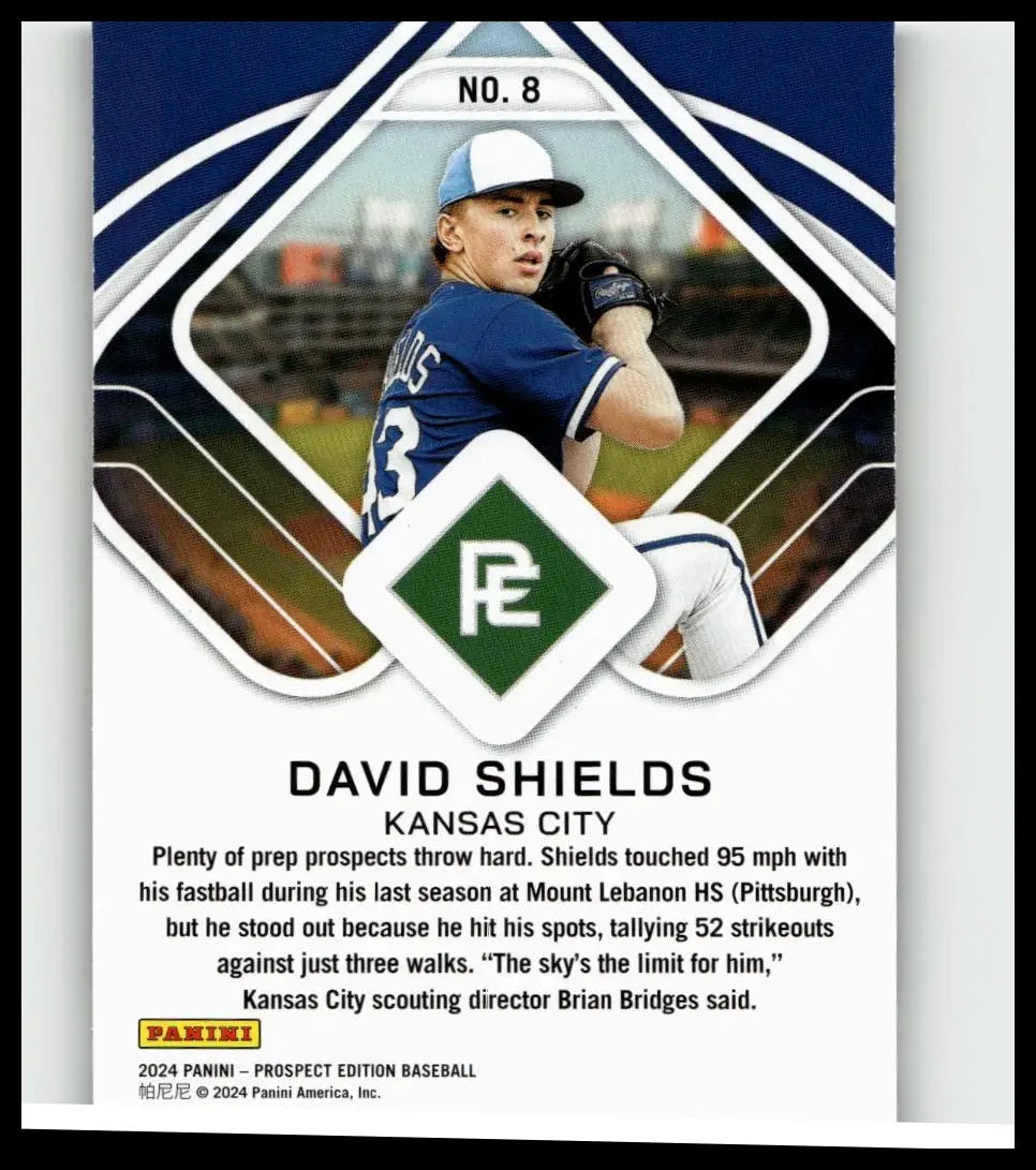 Blue and white baseball card of david shields in a pitching stance from 2024 panini prospect edition aces red series