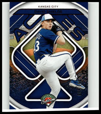 Blue and white kansas city royals baseball card featuring pitcher david shields mid-throw from 2024 panini prospect edition david shields aces red numbered 199