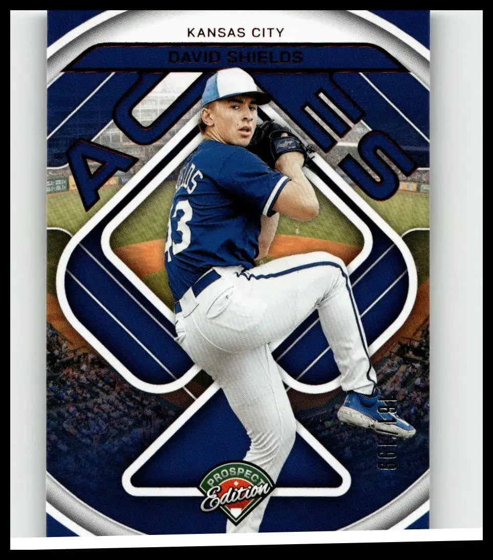 Blue and white kansas city royals baseball card featuring pitcher david shields mid-throw from 2024 panini prospect edition david shields aces red numbered 199