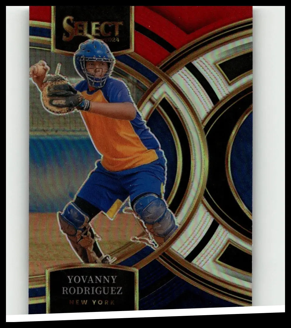 A 2024 panini select #100 baseball trading card featuring yovanny rodriguez silver prizms in blue and orange uniform