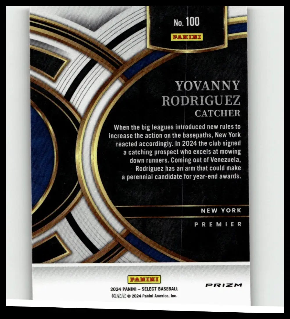 Black and gold 2024 panini select baseball card featuring yovanny rodriguez silver prizms catcher for new york yankees