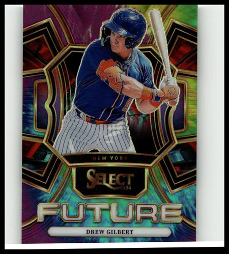 Blue helmeted drew gilbert select baseball player in new york mets uniform holding bat on 2024 panini select future tie dye prizms card