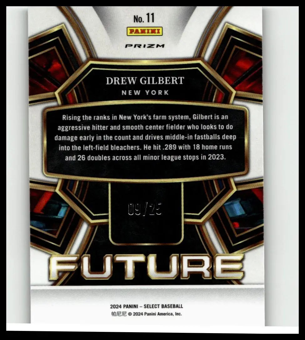 Black and red 2024 panini select drew gilbert select future tie-dye prizms baseball card with gold text